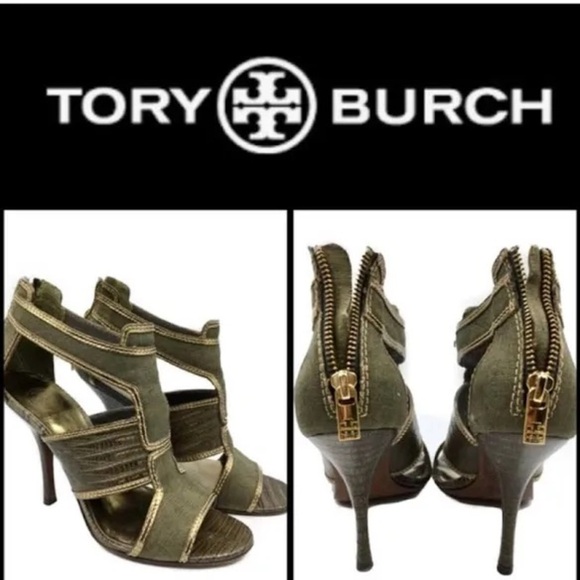 Tory Burch Geoff Olive Green & Gold Caged Heel Sandals 9.5M, Used - Picture 2 of 15